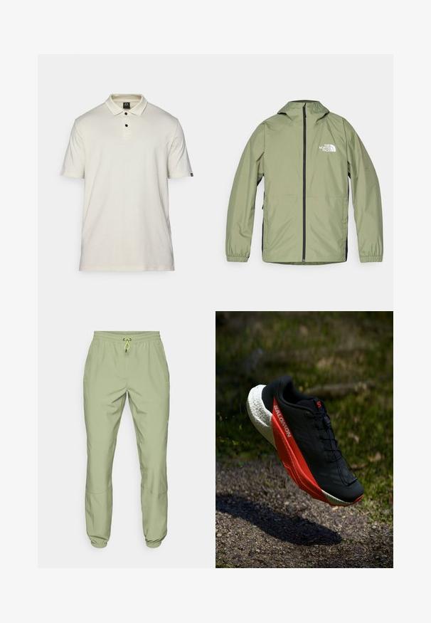 Lagani, maslinasto zeleni jakna s kapuljačom, elastičnim manžetama, punim patentnim zatvaračem sprijeda i logotipom The North Face na prsima. Potpuno pojednostavljen dizajn.; Polo majica kratkih rukava u svijetloj bež boji, izrađena od pamuka, s klasičnom ovratnikom, tri gumba na prednjoj strani i malim logoom na lijevoj rukavu.; Svijetlozelene atletske hlače s elastičnim pojasom, zatvaranjem na vezicu i manžetama na gležnjevima; imaju dvije bočne džepove i glatku teksturu.; Crne tenisice za trčanje s crvenim naglascima, lagani mrežasti gornji dio, teksturirana bijela potplata i sustav vezanja. Dizajnirane za izvedbu i udobnost.