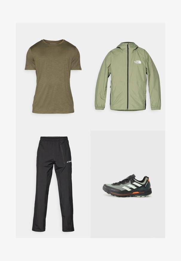 Kerge oliivroheline jakk, millel on kapuuts, elastsed mansetid, täispikkuslik tõmblukk ja The North Face logo rinnal. Sujuv disain.; Lühikese varrukaga T-särk oliivrohelises puuvillaseguses kangas, ümar kaelus, peen tekstuur ja väike logo silt allääres.; Mustad kergekaalulised välispüksid elastse vöökoha, tõmblukuga taskute ja trükitud logoga. Sile tekstuur ja sirge sääre lõige.; Kerge jalgsimatka jooksujalats halli ja mustavõrguga ülemise osaga, oranžide aktsentidega ning robustse väljastuse haardeks. Veekindel Gore-Tex vooder.