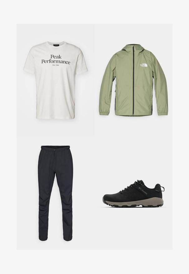 Lättviktsjacka i olivgrön färg med huva, elastiska ärmslut, hel dragkedja fram och The North Face-logotyp på bröstet. Strömlinjeformat design.; Peak Performance ORIGINAL TEE - T-shirt med print - offwhite/black; Svarta lätta byxor med elastisk midja, dragsko och smalnande ben. Tillverkade av vattenavvisande material med en slät yta.; Svart vandringsskor med en slät överdel, perforerat mönster, grå sula och förstärkt häl. Har snörning och en dragflik för enkel påtagning.