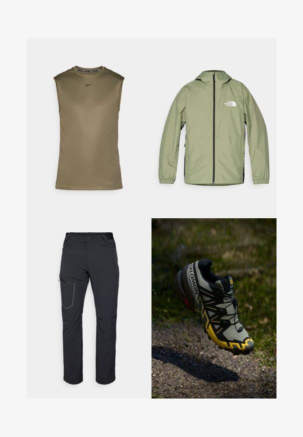 Lightweight, olive green jacket with a hood, elastic cuffs, full zipper front, and The North Face logo on the chest. Streamlined design.; Sleeveless athletic top in olive green, made of smooth, lightweight fabric. Features a black Reebok logo and a round neckline.; Black outdoor pants featuring a zippered thigh pocket, elastic waistband, and smooth, water-resistant fabric. Clean design with no visible logos.; Salomon trail running shoe in muted gray with bright yellow accents. Features a textured sole, secure lacing system, and a cushioned collar.