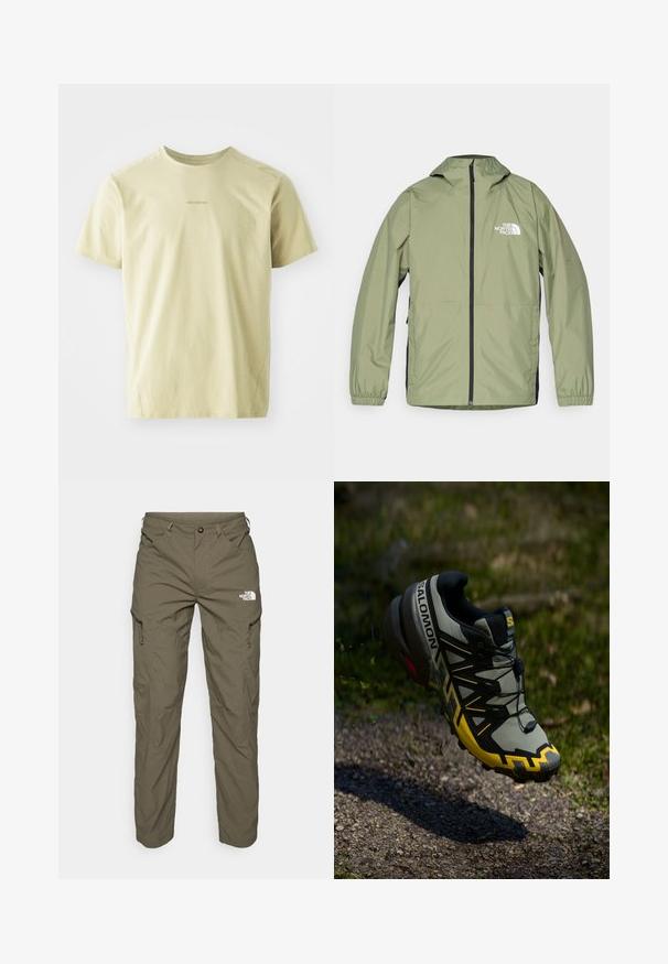 Jaqueta leve, verde-oliva, com capuz, punhos elásticos, fecho éclair frontal completo e o logótipo da The North Face no peito. Design aerodinâmico.; Salomon TRACKLINE TEE - T-shirt desportiva - gray green; Calças de exterior verde-oliva feitas de um tecido leve, com bolsos tipo cargo, detalhes em zíper e um logótipo na parte superior da coxa.; Sapatilha de trail running Salomon em cinza suave com detalhes em amarelo brilhante. Apresenta uma sola texturizada, sistema de atilho seguro e um colar acolchoado.