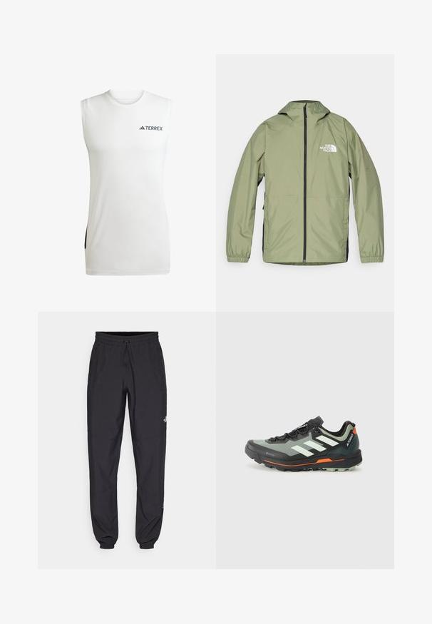 Jaqueta leve, verde-oliva, com capuz, punhos elásticos, fecho éclair frontal completo e o logótipo da The North Face no peito. Design aerodinâmico.; Camisola atlética sem mangas branca, feita de tecido que transpira a humidade, com um decote redondo e detalhes laterais em preto com o logo Terrex.; Calças atléticas pretas feitas de tecido leve, com um cós ajustável por cordão, bolsos laterais e punhos afunilados nos tornozelos.; Sapatilha de trail running leve com parte superior em malha cinza e preta, detalhes em laranja e uma sola robusta para tração. Forro impermeável em Gore-Tex.