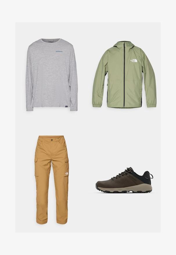 Leichte, olivgrüne Jacke mit Kapuze, elastischen Bündchen, durchgehendem Reißverschluss und dem The North Face-Logo auf der Brust. Schlankes Design.; Hellgraues Langarm-T-Shirt aus weichem, strukturiertem Stoff. Verfügt über einen Rundhalsausschnitt und ein kleines blaues Patagonia-Logo auf der Brust.; The North Face EXPLORATION PANTS - Cargohose - utility brown; Braune wasserdichte Sneakers mit einer strukturierten Oberseite, perforierten Akzenten, schwarzem Fersenschutz und einer grauen Gummisohle. Die Schnürsenkel sind mit metallischen Enden gestaltet.