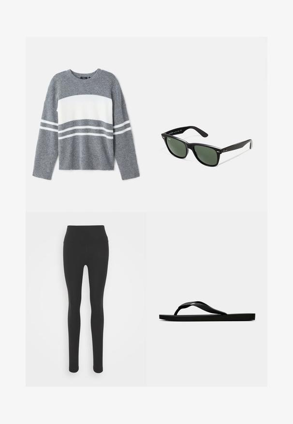 Veste en cuir marron avec un col en velours côtelé noir, design carrée, deux poches avant à patch et détails de couture visibles.; Pull gris avec une rayure horizontale blanche, doté de poignets côtelés et d'un col rond. Fabriqué en matériau doux et texturé.; Leggings noirs avec une taille haute, fabriquées à partir d'un matériau lisse et extensible. Présentent un design ajusté et des jambes longues.; Tong sandale en caoutchouc noir avec une bride en T texturée et une semelle plate simple, montrée de côté sur un fond clair.; Lunettes de soleil en plastique noir avec verres verts, monture carrée, accent argenté sur le sourcil et branches texturées. Marque indiquée sur l'intérieur de la branche.; Sac à main en cuir verni noir avec deux poignées supérieures et une bandoulière amovible, doté de quincaillerie en métal argenté et d'une fermeture éclair.