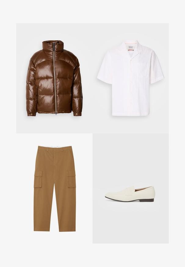 Scotch & Soda LACQUER PUFFER JACKET - Zimní bunda - demitasse; Krátký rukáv, bílá košile vyrobená z lehké tkaniny. Obsahuje jemný vzor, zapínání na knoflíky vpředu a jednu náprsní kapsu.; Hnědé cargo kalhoty s dvěma bočními kapsami, plochým předním dílem a rovný střihem nohavic. Vyrobené z odolného materiálu s hladkou texturou.; Světlé béžové mokasíny s špičatou špičkou, hladkým materiálem, páskem přes nárt a nízkou hnědou podrážkou. Jednoduchý design s minimálními akcenty.