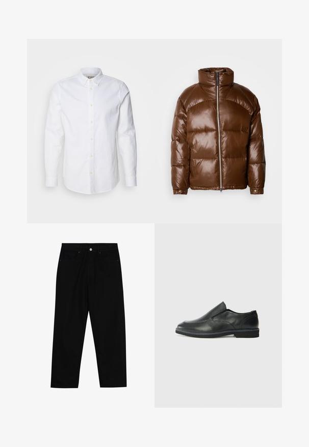 Scotch & Soda LACQUER PUFFER JACKET - Winterjacke - demitasse; Weiße Langarm-Hemden aus Baumwolle mit strukturiertem Kragen, dezenter Logo-Stickerei und hellbraunen Knöpfen.; Schwarze Jeans mit geradem Schnitt, Fünf-Taschen-Design und einem vorderen Knopfverschluss. Glatte Textur mit minimalen Nähten.; Schwarze Leder-Slipper mit glattem Obermaterial, gesteppten Akzenten, runder Zehenpartie und niedrigem Gummiabsatz. Die Sohle hat ein minimales Profil.