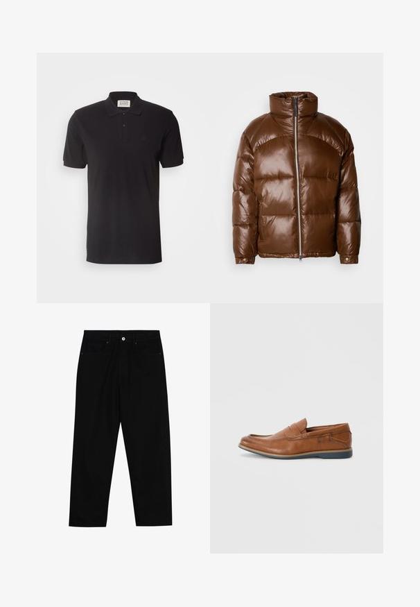 Scotch & Soda LACQUER PUFFER JACKET - Zimní bunda - demitasse; Scotch & Soda ESSENTIALS - Polotričko - black; Černé džíny s rovně střiženými nohavicemi, designem pěti kapes a předním zapínáním na knoflík. Hladký povrch s minimem švových detailů.; Hnědé kožené mokasíny s kulatou špičkou, prošívanými detaily a nízkou gumovou podrážkou. Design zahrnuje pásek přes vrch.