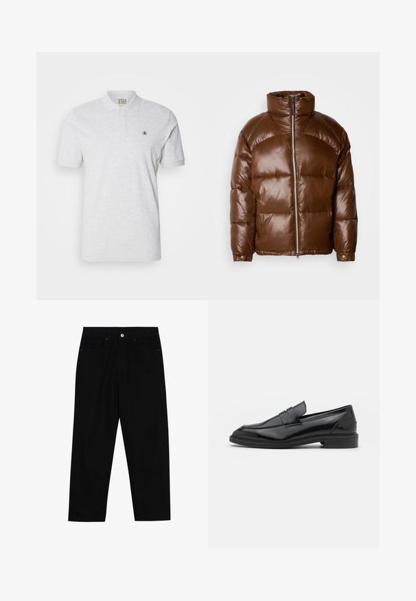 Scotch & Soda LACQUER PUFFER JACKET - Vinterjakke - demitasse; Scotch & Soda ESSENTIALS - Poloskjorter - light grey melange; Sorte denimbukser med rett benklipp, fem-lomme design og frontknappåpning. Jevn tekstur med minimale sømdetaljer.; Sorte skinnloafers med en glatt overflate, med rund tå og en smal band over vristen. Lavt stablet hæl.