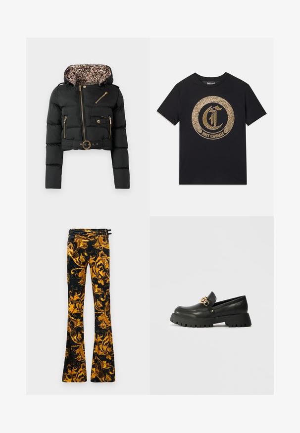 Juodas trumpas pūkinis švarkas su leopardų rašto gobtuvu, auksinėmis užtrauktukais, mygtuku uždaroma kišene ir diržu su apvalia sagtimi.; Juodas marškinėliai su apvaliu auksiniu grafiniu dizainu, kuriame stilizuotos raidės "C" ir tekstas "JUST CAVALLI". Trumpomis rankovėmis, apvaliu iškirpimu, pagaminti iš medvilnės.; Juodos flared kelnės, pagamintos iš medžiagos su sudėtingais auksiniais gėlių raštais. Yra sukimo juostos su daugybe juodų mygtukų ir raištelių.; Juodas odinis loaferis su storu, tekstūruotu guminiu padu. Savybė - auksinė grandinėlė, puošanti priekį, ir suapvalinta noselė.