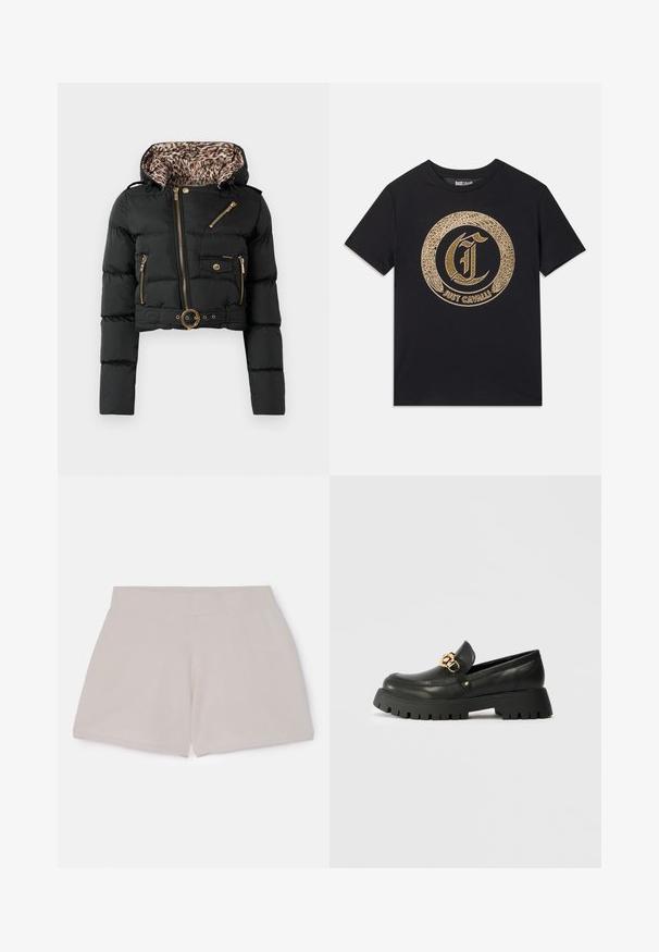 Giacca puffer nera corta con fodera della cappuccio in stampa leopardata, zip dorate, tasca con bottone e vita cinturata con fibbia tondeggiante.; T-shirt nera con un design grafico circolare dorato, caratterizzato da una "C" stilizzata e la scritta "JUST CAVALLI". Maniche corte, collo rotondo, materiale in cotone.; Bermuda beige in cotone con vita elasticizzata e finitura testurizzata, caratterizzate da un taglio dritto e senza tasche o dettagli visibili.; Mocassino in pelle nera con suola spessa in gomma testurizzata. Presenta un accento di catena dorata sulla parte superiore e un design della punta rotonda.