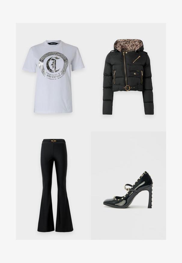 Black cropped puffer jacket with leopard-print hood lining, gold zippers, buttoned pocket, and belted waist with round buckle.; White cotton t-shirt featuring a metallic silver snake design encircling the "Just Cavalli" logo. Crew neck with short sleeves.; Black flared pants with a smooth texture, featuring a fitted waist and a gold circular accent in the front. Made from stretchy material.; Black patent leather high-heeled shoe with a pointed toe, ankle strap, and gold studded accents along the edges.