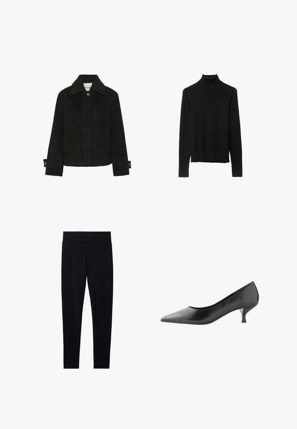 Schwarze Jacke aus weichem Stoff mit klassischem Kragen, Knopfverschluss, seitlichen Taschen und Ärmeldetails mit goldfarbenen Knöpfen.; Schwarzer Rollkragenpullover aus weichem Strickstoff. Mit langen Ärmeln und einer engen Passform sowie einem geraden Saum.; Schwarze dehnbare Leggings mit einem breiten, weichen Taillenbund, die eine glatte Textur und eine figurbetonte Silhouette aufweisen, geeignet für verschiedene Aktivitäten.; Next FOREVER COMFORT COURT - Pumps - mottled black