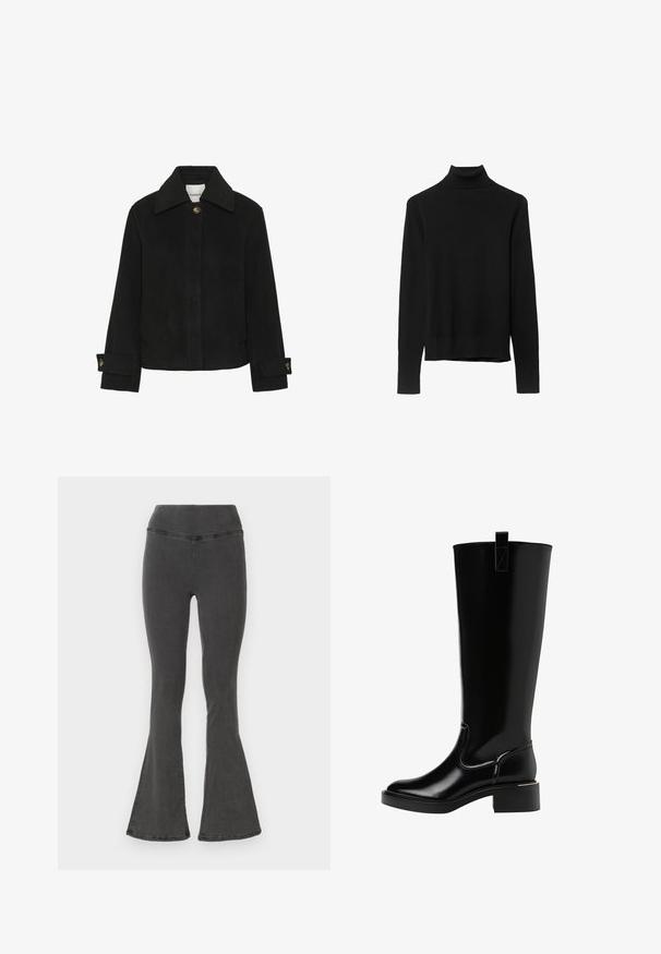 Schwarze Jacke aus weichem Stoff mit klassischem Kragen, Knopfverschluss, seitlichen Taschen und Ärmeldetails mit goldfarbenen Knöpfen.; Schwarzer Rollkragenpullover aus weichem Strickstoff. Mit langen Ärmeln und einer engen Passform sowie einem geraden Saum.; Schwarze Jeanshosen mit weit ausgestelltem Bein und breitem Bund, die eine glatte Textur und genähte Details entlang der Nähte aufweisen.; Schwarze knielange Stiefel mit glänzender Oberfläche, runder Zehenform, kleinem Blockabsatz und einem Ziehschlaufe auf der Rückseite. Nahtdetails betonen das Design.