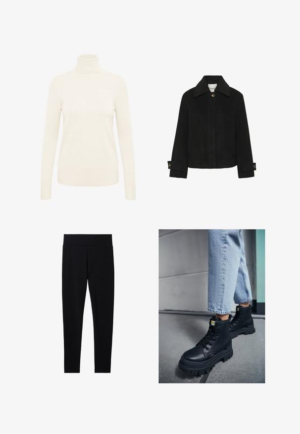 Zwarte jas van zachte stof met een klassieke kraag, knopen aan de voorkant, zijzakken en details aan de manchetten met goudkleurige knopen.; Crème coltrui gemaakt van zachte gebreide stof. Heeft lange mouwen en ribgebreide manchetten en zoom.; Zwarte rekbare leggings met een brede, zachte tailleband, met een gladde textuur en een aansluitende pasvorm, geschikt voor verschillende activiteiten.; Zwarte hoge laarzen van leer met een gestructureerde afwerking, dikke rubberen zool en zwarte veters, gecombineerd met lichtblauwe cuffed spijkerbroek.