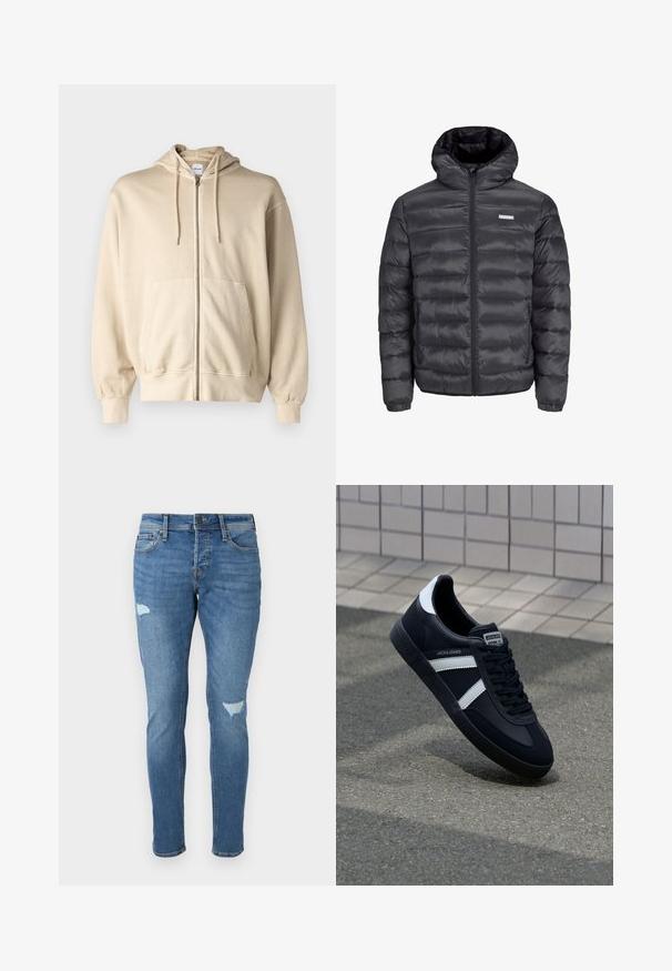 Zwarte gewatteerde jas met een capuchon, met horizontale quilted secties, een rits aan de voorkant en twee ritszakken aan de zijkant. Glad oppervlak.; Jack & Jones JJECHARGE OVERSIZE FADED ZIP HOODIE - Sweater met rits - humus; Twee polo shirts: één marineblauw en één wit, beide met een kleine rood, wit en blauwe accent op de borstzak en kraag.; Vervaagde blauwe spijkerbroek met een slim fit, voorzien van versleten plekken op de knieën, een knoopsluiting en een ontwerp met vijf zakken.; Zwarte leren sneaker met witte strepen, een gestructureerde rubberen zool en vetersluiting aan de voorkant. Voorzien van een merklabel op de tong.