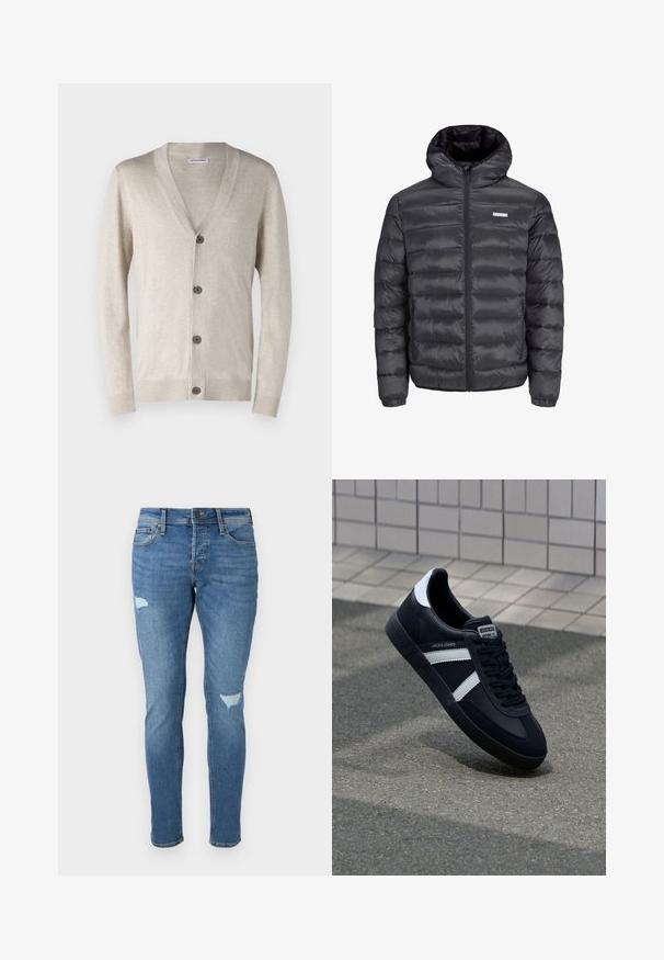 Černá péřová bunda s kapucí, obsahující vodorovně prošívané části, přední zip a dvě boční kapsy na zip. Hladká textura.; Beige svetr s výstřihem do V, pěti tmavými knoflíky vpředu, žebrovanými manžetami a lemem. Vyrobeno z hladkého, lehkého materiálu.; Dvě polo trička: jedno námořnické modré a jedno bílé, obě s malým červeným, bílým a modrým akcentem na kapse a límci.; Bledé modré džíny s úzkým střihem, které mají opranou úpravu na kolenou, zapínání na knoflík a design s pěti kapsami.; Černé kožené tenisky s bílými pruhy, texturovanou gumovou podrážkou a šněrováním vpředu. Obsahují značenou etiketu na jazyku.
