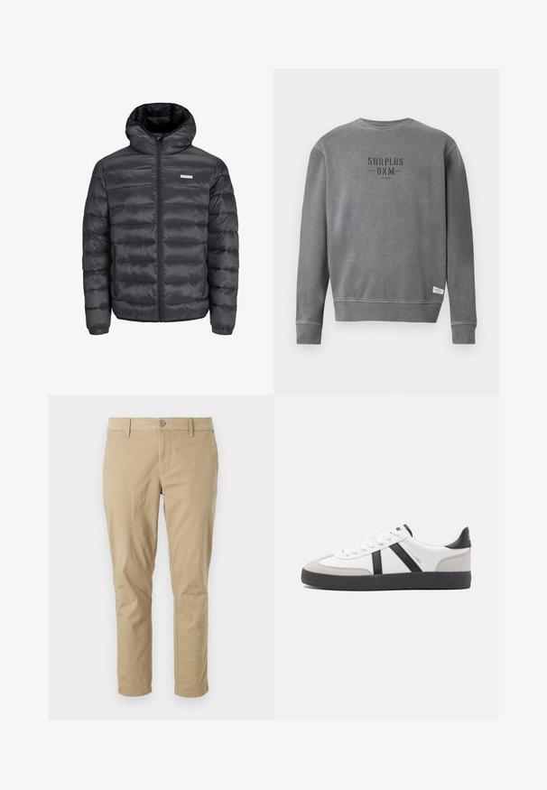 fekete puffermellény kapucnival, vízszintesen steppelt részekkel, elülső cipzárral és két cipzáros oldalzsebbel. Simma textúra.; Szürke, hosszú ujjú, kerek nyakú pulóver, melyen a "SURPLUS DNM" felirat feketével van nyomtatva a mellrészen, és egy kis fehér címke található a szegés közelében.; Beige színű pamut twill nadrág, slim fit szabással, gombos záródással, övhurkokkal és egyenes lábakkal. Sima tapintású, nem észlelhető mintákkal.; Fehér sneaker fekete és szürke részletekkel, textúrált szürke orr résszel, fekete gumitalppal és lapos fehér fűzőkkel. Tiszta dizájn, minimalista stílus.