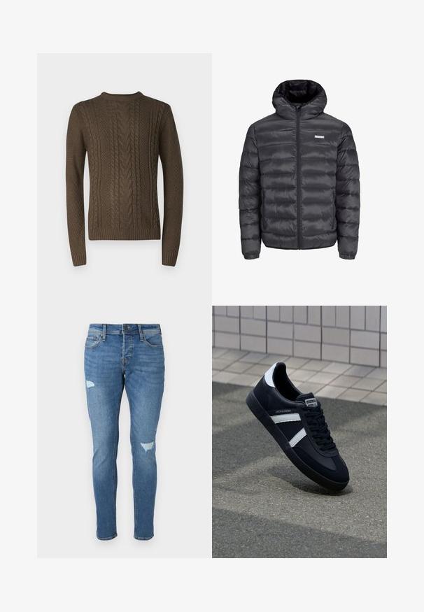 Schwarze Steppjacke mit Kapuze, mit horizontalen Steppnähten, einem Frontreißverschluss und zwei seitlichen Reißverschlusstaschen. Glatte Textur.; Brauner Strickpullover mit strukturierten Zopfmustern, gerippten Bündchen und Rundhalsausschnitt. Der Stoff wirkt dick und warm.; Verblasste blaue Jeans im Slim-Fit, mit zerstörten Stellen an den Knien, einem Knopfverschluss und einem Fünf-Taschen-Design.; Schwarze Leder-Sneaker mit weißen Streifen, strukturiertem Gummisohle und Schnürung. Verfügt über ein Markenetikett auf der Zunge.