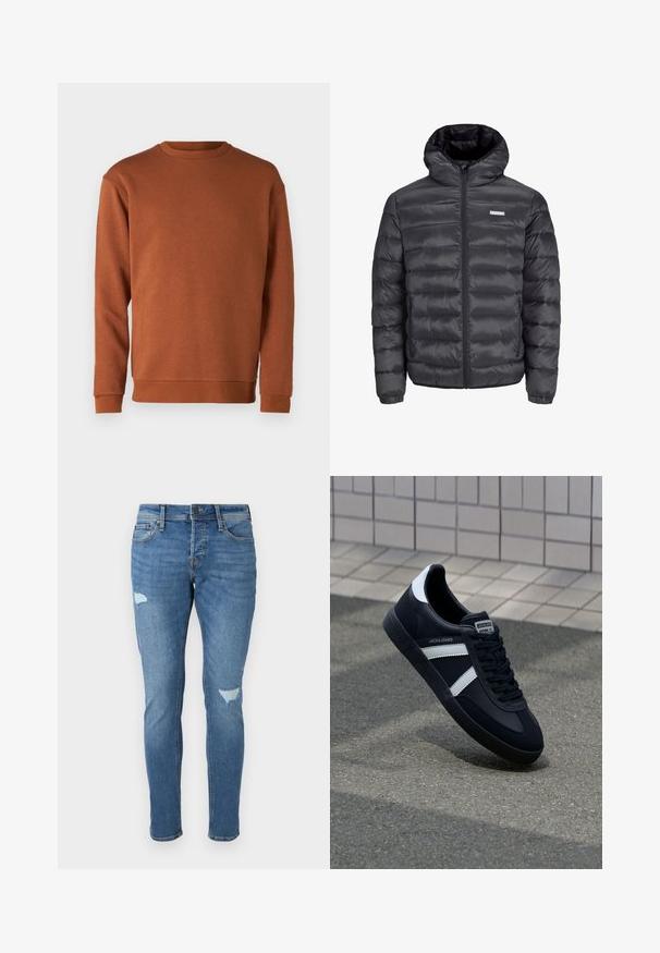 Giubbotto puffa nero con cappuccio, dotato di sezioni a righe orizzontali, una cerniera frontale e due tasche laterali con zip. Texture liscia.; Jack & Jones JJEBRADLEY CREW - Felpa - mocha bisque; Jeans in denim blu sbiadito con vestibilità slim, caratterizzati da zone strappate sulle ginocchia, chiusura con bottone e design a cinque tasche.; Sneaker neri in pelle con strisce bianche, suola in gomma texturizzata e allacciatura frontale. Presenta un'etichetta con il marchio sulla linguetta.