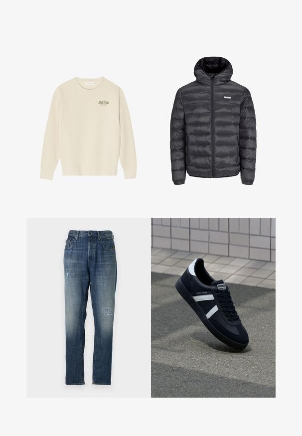 Musta puffatakki hupulla, jossa on vaakaompeleet, etuvetoketju ja kaksi vetoketjullista sivutaskua. Tasainen pinta.; Hoodie värvitud kreemjas värvitoonis, valmistatud pehmest kangast, millel on ümar kaelus, pikad varrukad ja tumeroheline trükk rinnal.; Farkut denimi, haalistuneen sinisen värin, suoran lahkeisen muotoilun, kohtuullisen kulumisen etupuolella ja klassisen viiden taskun tyylin.; Mustat nahkakengät valkoisilla raidoilla, teksturoitu kumipohja ja nauha edessä. Varustettu merkkitarralla kielen päällä.