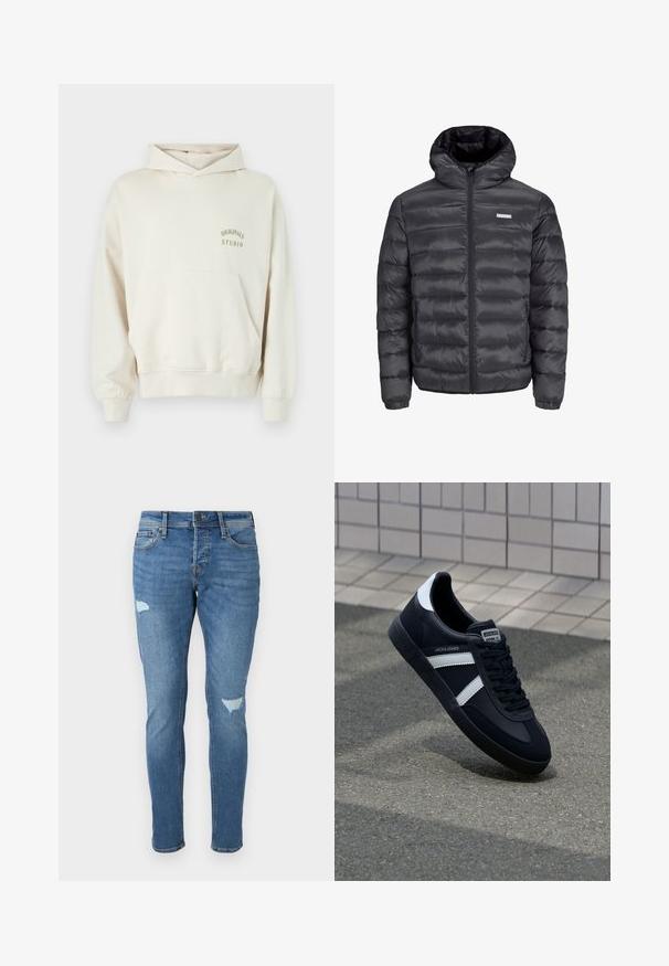 Doudoune noire avec capuche, comportant des sections matelassées horizontales, une fermeture éclair sur le devant et deux poches latérales zippées. Texture lisse.; Hoodie couleur crème avec une poche avant, des poignets et un ourlet côtelés. Présente "ORIGINALS STUDIO" en impression dorée sur le côté gauche de la poitrine.; Jean en denim bleu décoloré avec une coupe slim, présentant des zones usées au niveau des genoux, une fermeture à bouton et un design à cinq poches.; Sneaker en cuir noir avec des rayures blanches, semelle en caoutchouc texturée et devant à lacets. Présente une étiquette de marque sur la languette.