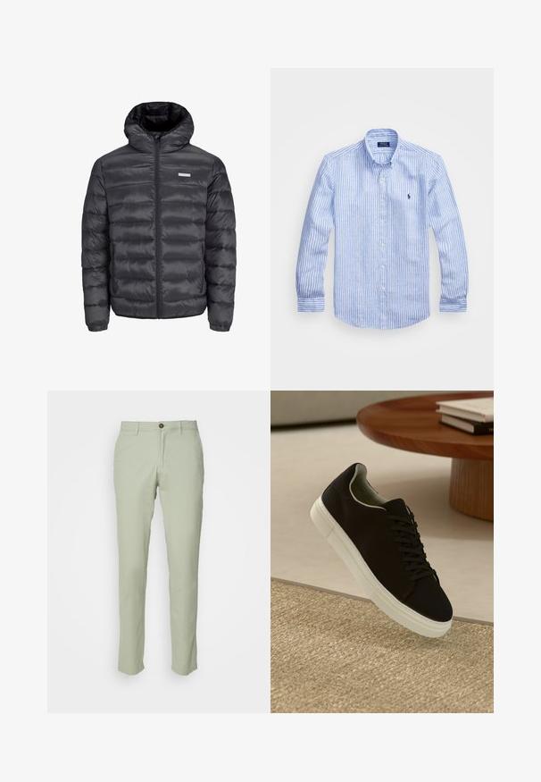 Black puffer jacket with a hood, featuring horizontal quilted sections, a front zipper, and two zippered side pockets. Smooth texture.; Blue and white striped long-sleeve shirt made of cotton, featuring a button-down collar, front buttons, and a small embroidered logo on the chest.; Jack & Jones JPSTMARCO NOOS - Chinos - desert sage; Black sneaker with white sole floating above beige textured rug near round wooden table with stacked books.