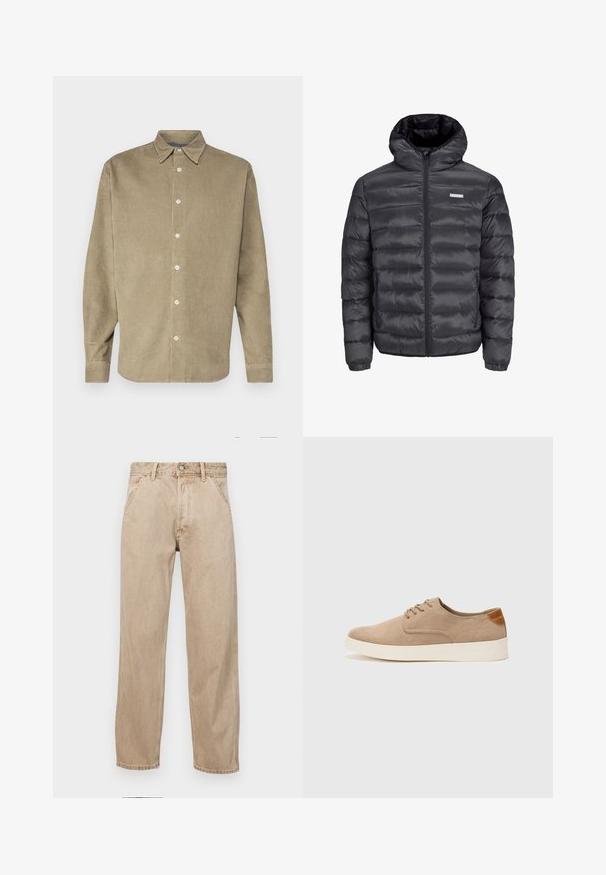 Čierna prešívaná bunda s kapucňou, s horizontálnymi prešívanými sekciami, predným zipsom a dvoma bočnými vreckami na zips. Hladká textura.; Jack & Jones JJCORDUROY - Košeľa - crockery; Biela krátka tričko s krátkym rukávom so žebrovanou textúrou. Okrúhly výstrih, uvoľnený strih, žiadne viditeľné vzory ani akcenty. Jednoduchý a všestranný dizajn.; Bežové denimové rifle so strihom rovného nohu, s prednými vreckami, kovovým zapínaním na gombík a jemnou textúrou.; Béžové semišové tenisky s okrúhlou špičkou, šnurovaním vpredu a textúrovaným zadným akcentom. Biela gumová podrážka poskytuje kontrast. Jednoduchý a moderný dizajn.
