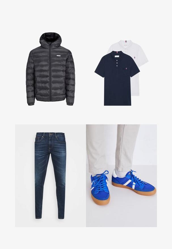 Must must jacket kapuutsiga, millel on horisontaalsed tikandid, ees tõmblukk ja kaks tõmblukuga külgetaskut. Sujuv tekstuur.; Kaks polo särki: üks tumesinine ja üks valge, mõlemal on rinnataskul ja krael väike punase, valge ja sinise aktsent.; Tumedat sinised teksad kitsas lõikes, kerge kulumisega, viie taskuga ja metallnööbiga sulgemine. Õmmeldud aktsendid kontrastsetes värvides.; Jack & Jones JFWMORDEN - Tossud - imperial blue