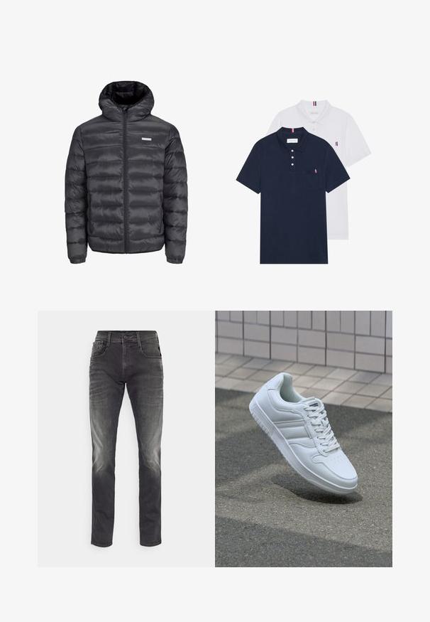 fekete puffermellény kapucnival, vízszintesen steppelt részekkel, elülső cipzárral és két cipzáros oldalzsebbel. Simma textúra.; Két pólóing: az egyik sötétkék, a másik fehér, mindkettőn kicsi piros, fehér és kék díszítés található a mellzsebből és a galléron.; Feszes szabású szürke farmernadrág, elhalványult részletekkel, öt zsebbel, övhurkokkal és gombos zárással. Simább textúrájú denimből készült.; Fehér sportcipő sima bőr felsőrésszel, fűzős elülettel, perforált orral és mintázott talppal. Minimalista dizájn három oldalsávval.