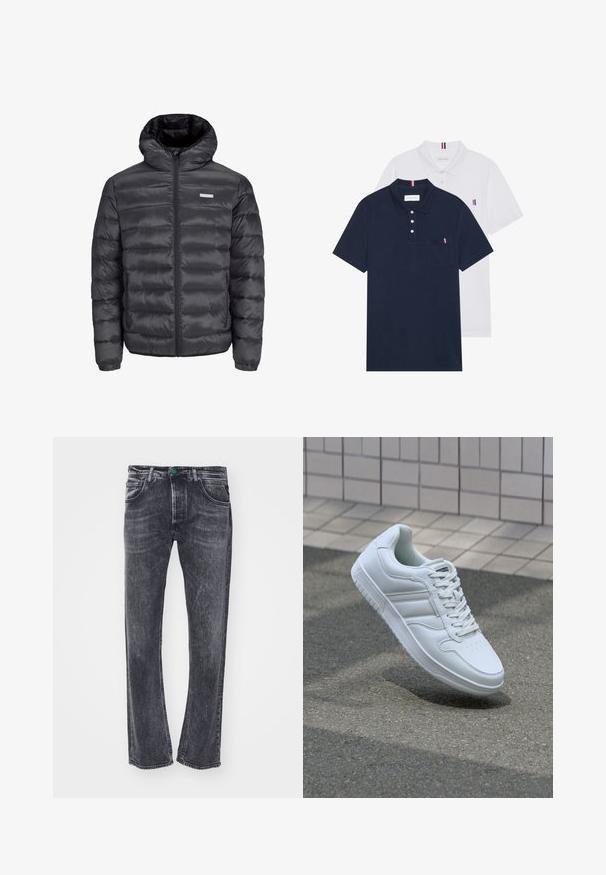 Must must jacket kapuutsiga, millel on horisontaalsed tikandid, ees tõmblukk ja kaks tõmblukuga külgetaskut. Sujuv tekstuur.; Kaks polo särki: üks tumesinine ja üks valge, mõlemal on rinnataskul ja krael väike punase, valge ja sinise aktsent.; Replay GROVER PANTS - Sirgete säärtega teksad - dark grey; Valge spordijalanõud silederja nahkvarrega, ninast paeltega, perforatsiooni tõttu ventilatsiooniga ning mustrilise tallaga. Minimalistlik disain, millel on kolm külgmist triipu.