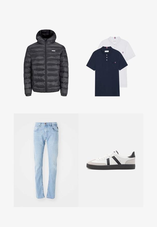 Chaqueta de plumas negra con capucha, que presenta secciones acolchadas horizontales, un cierre frontal de cremallera y dos bolsillos laterales con cremallera. Textura suave.; Dos camisetas polo: una de color azul marino y otra blanca, ambas con un pequeño acento en rojo, blanco y azul en el bolsillo del pecho y el cuello.; Jeans de mezclilla azul claro con un diseño de pierna recta, con cierre de cremallera y botón, bolsillos delanteros y un ligero desvanecimiento.; Zapatilla blanca con acentos en negro y gris, que presenta una puntera texturizada en gris, suela de goma negra y cordones planos blancos. Diseño limpio, estilo minimalista.
