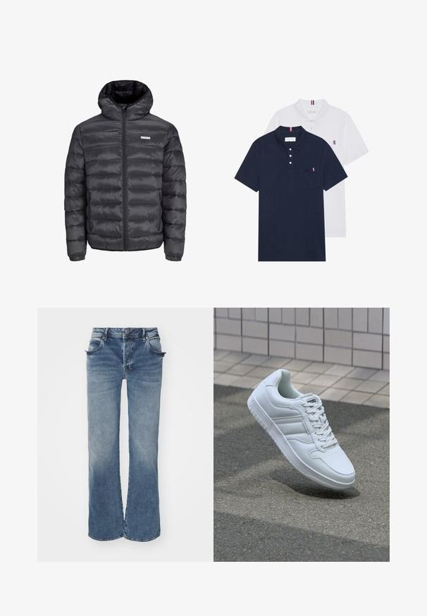 Chaqueta de plumas negra con capucha, que presenta secciones acolchadas horizontales, un cierre frontal de cremallera y dos bolsillos laterales con cremallera. Textura suave.; Dos camisetas polo: una de color azul marino y otra blanca, ambas con un pequeño acento en rojo, blanco y azul en el bolsillo del pecho y el cuello.; Pantalones de mezclilla de pierna ancha en azul desvanecido, con cierre de botón y cremallera, cinco bolsillos y un dobladillo ligeramente deshilachado.; Zapatilla atlética blanca con parte superior de cuero suave, cierre de cordones en el frente, puntera perforada y suela con patrón. Diseño minimalista con tres rayas laterales.