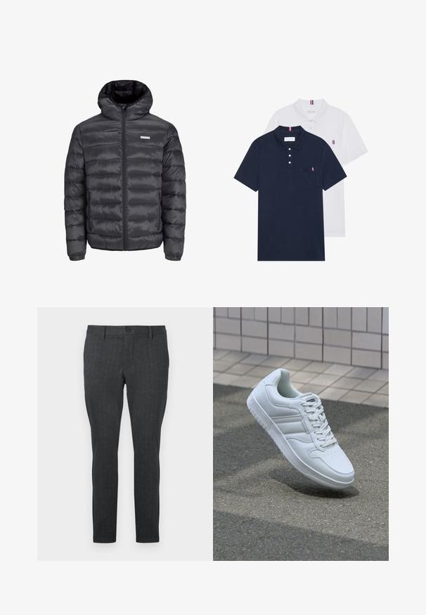 Černá péřová bunda s kapucí, obsahující vodorovně prošívané části, přední zip a dvě boční kapsy na zip. Hladká textura.; Dvě polo trička: jedno námořnické modré a jedno bílé, obě s malým červeným, bílým a modrým akcentem na kapse a límci.; Tmavě šedé kalhoty s texturovaným vzorem, slim fit, standardní pas s jedním knoflíkem a rovné nohavice, navržené pro moderní vzhled.; Bílé sportovní tenisky s hladkým koženým svrškem, šněrovacím předním dílem, perforovanou špičkou a vzorovanou podrážkou. Minimalistický design se třemi bočními pruhy.