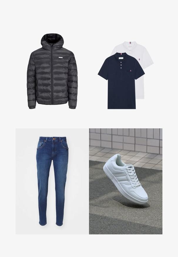 Crna puf jakna s kapuljačom, s horizontalno ušivenim dijelovima, prednjim zatvaračem i dva zatvorena bočna džepa. Glatka tekstura.; Dva polo majice: jedna tamnoplava i jedna bijela, obje s malim crveno-bijelim-plavim naglaskom na džepu i ovratniku.; Tamno plave traperice s ravnim krojem, stil s pet džepova i zatvaranjem na bakreni gumb. Svjetle borice dodaju teksturu.; Bijela atletska tenisica s glatkim kožnim gornjim dijelom, vezanjem sprijeda, perforiranim vrhom i uzorkovanim đonom. Minimalistički dizajn s tri bočne pruge.