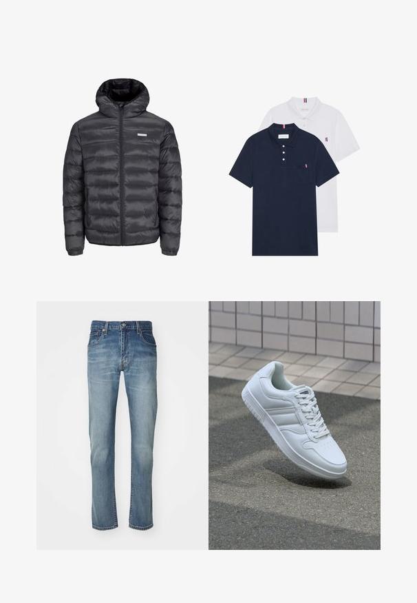 Must must jacket kapuutsiga, millel on horisontaalsed tikandid, ees tõmblukk ja kaks tõmblukuga külgetaskut. Sujuv tekstuur.; Kaks polo särki: üks tumesinine ja üks valge, mõlemal on rinnataskul ja krael väike punase, valge ja sinise aktsent.; Sinine teksapüksid sirge sääre disainiga, millel on pleekinud pesu, viis taskut ja metallist nööp sulgemiseks vöökohtades.; Valge spordijalanõud silederja nahkvarrega, ninast paeltega, perforatsiooni tõttu ventilatsiooniga ning mustrilise tallaga. Minimalistlik disain, millel on kolm külgmist triipu.