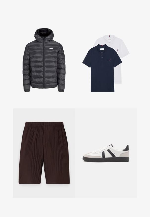 Čierna prešívaná bunda s kapucňou, s horizontálnymi prešívanými sekciami, predným zipsom a dvoma bočnými vreckami na zips. Hladká textura.; Dvoje polo tričiek: jedno námornícky modré a jedno biele, obidve s malým červeným, bielym a modrým akcentom na vrecku a golieri.; Hnedé skladané šortky s elastickým pásom a vreckami, vyrobené z ľahkého materiálu. Spodný lem siaha tesne nad kolená.; Biele tenisky s čiernymi a šedými akcentmi, s textúrovanou šedou špičkou, čiernou gumovou podrážkou a plochými bielymi šnúrkami. Čistý dizajn, minimalistický štýl.