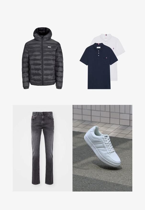 fekete puffermellény kapucnival, vízszintesen steppelt részekkel, elülső cipzárral és két cipzáros oldalzsebbel. Simma textúra.; Két pólóing: az egyik sötétkék, a másik fehér, mindkettőn kicsi piros, fehér és kék díszítés található a mellzsebből és a galléron.; Szürke farmernadrág egyenes szárú kialakítással, öt zsebes stílusban, enyhe kopással. Gombbal és cipzárral záródik. Nincs látható márkázás.; Fehér sportcipő sima bőr felsőrésszel, fűzős elülettel, perforált orral és mintázott talppal. Minimalista dizájn három oldalsávval.
