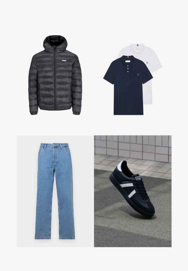 Doudoune noire avec capuche, comportant des sections matelassées horizontales, une fermeture éclair sur le devant et deux poches latérales zippées. Texture lisse.; Deux polos : un bleu marine et un blanc, tous deux avec un petit accent rouge, blanc et bleu sur la poche poitrine et le col.; Jean en denim bleu clair à jambes droites avec un design classique à cinq poches, doté d'une fermeture à bouton à l'avant et de passants de ceinture. Texture lisse.; Sneaker en cuir noir avec des rayures blanches, semelle en caoutchouc texturée et devant à lacets. Présente une étiquette de marque sur la languette.