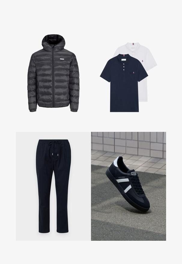 Black puffer jacket with a hood, featuring horizontal quilted sections, a front zipper, and two zippered side pockets. Smooth texture.; Two polo shirts: one navy blue and one white, both with a small red, white, and blue accent on the chest pocket and collar.; Navy blue pants made of lightweight fabric, featuring an elastic waistband with a drawstring, straight legs, and rolled cuffs.; Black leather sneaker with white stripes, textured rubber sole, and lace-up front. Features a branded label on the tongue.