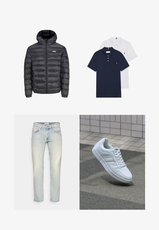 Melnā pūkļu jaka ar kapuci, ar horizontāliem izšuvumiem, priekšējo rāvējslēdzēju un divām ar rāvējslēdzēju aizveramām sānu kabatām. Gluda tekstūra.; Divas polo kreklu komplekts: viens tumši zils un viens balts, abi ar mazu sarkanu, baltu un zilu akcentu uz krūšu kabatas un apkakles.; Replay GROVER PANTS - Džinsi ar taisnām starām - superlight blue; Balti sporta apavi ar gludu ādas virsu, sasienamais priekšpuse, perforēts purngals un rakstaina zole. Minimālisma dizains ar trim sānu svītrām.