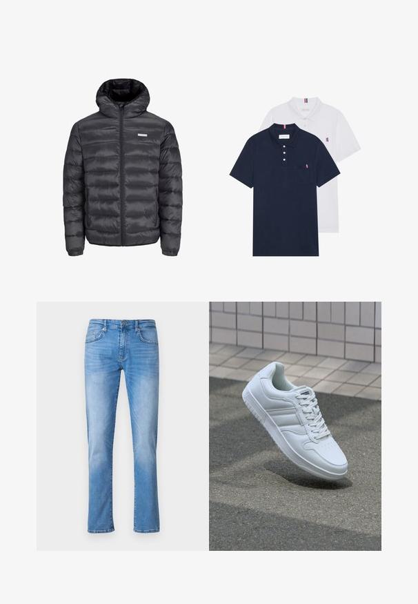 Jachetă puffer neagră cu glugă, având secțiuni orizontale quilted, un fermoar frontal și două buzunare laterale cu fermoar. Textură netedă.; Două tricouri polo: unul albastru navy și unul alb, ambele având un mic accent roșu, alb și albastru pe buzunarul de la piept și guler.; Jeans din denim albastru deschis cu un design drept, având cinci buzunare, închidere cu nasture și fermoar, și modele de decolorare subtile.; Adidași albi pentru sport cu superior din piele netedă, sistem de șireturi în față, vârf perforat și talpă cu model. Design minimalist cu trei dungi laterale.