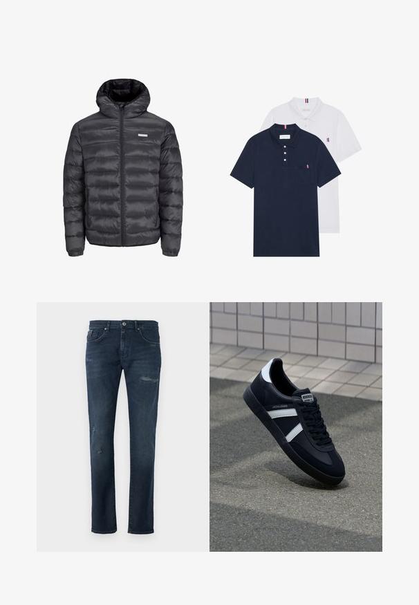 Črna napihnjena jakna s kapuco, ki ima vodoravne prešite odseke, sprednji zadrgo in dva stranska žepa z zadrgo. Gladka tekstura.; Dve polo majice: ena mornarsko modra in ena bela, obe z majhnim rdečim, belim in modrim poudarjanjem na žepu in ovratniku.; Temno modri kavbojki s ravnim krojem, ki vsebujejo obrabljene podrobnosti, subtilno zbledelost in klasičen petjakni dizajn.; Črne usnjene superge z belimi črtami, teksturiran gumijast podplat in zavezovanje spredaj. Imajo označeno oznako na ježku.