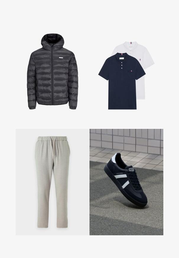 Black puffer jacket with a hood, featuring horizontal quilted sections, a front zipper, and two zippered side pockets. Smooth texture.; Two polo shirts: one navy blue and one white, both with a small red, white, and blue accent on the chest pocket and collar.; Light grey sweatpants featuring an elastic waistband with a drawstring, tapered legs, and a textured fabric for added comfort.; Black leather sneaker with white stripes, textured rubber sole, and lace-up front. Features a branded label on the tongue.