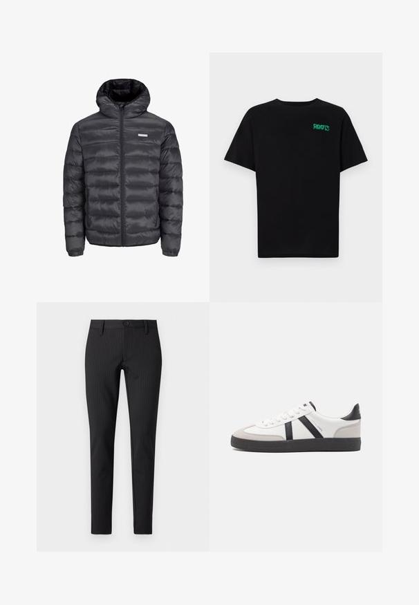 Giubbotto puffa nero con cappuccio, dotato di sezioni a righe orizzontali, una cerniera frontale e due tasche laterali con zip. Texture liscia.; T-shirt nera in cotone con maniche corte. Presenta un logo verde "ROOTS" sulla parte frontale, colletto rotondo e vestibilità standard.; Pantaloni neri a righe sottili con frontale piatto, taglio slim, dotati di chiusura a bottone e passanti per cintura, realizzati in un tessuto morbido.; Sneaker bianco con accenti neri e grigi, dotata di una punta grigia testurizzata, suola in gomma nera e lacci bianchi piatti. Design pulito, stile minimalista.