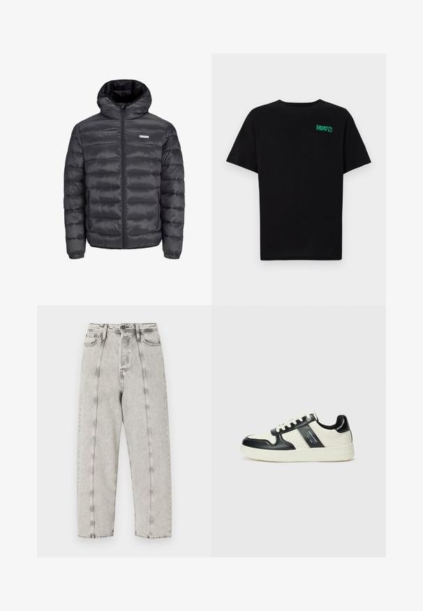 Svart puffjakke med hette, med horisontale kviltede seksjoner, en frontglidelås og to glidelåsede sidelommer. Jevn tekstur.; svart t-skjorte laget av bomull med korte ermer. Har et grønt "ROOTS"-logo på forsiden, rund halsutringning og standard passform.; Grå høy midje jeans med løs passform, med rette ben, synlig søm og slitt tekstur.; Lædersneakers med sort og creme farveskema, der har perforerede detaljer, en polstret krave og en struktureret ydersål.