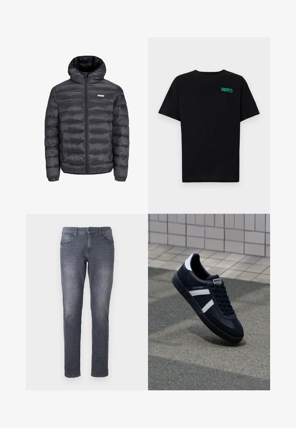 fekete puffermellény kapucnival, vízszintesen steppelt részekkel, elülső cipzárral és két cipzáros oldalzsebbel. Simma textúra.; Fekete, pamutból készült póló rövid ujjakkal. Elöl zöld "ROOTS" logóval, kerek nyakkivágással és normál szabással.; Szürke farmernadrág, slim fit szabással, cipzáros záródással, övhurkokkal, elülső zsebekkel és kopott hatású mosással. Normál egyenes szárú dizájn.; Fekete bőr sportcipő fehér csíkokkal, textúrált gumitalppal és fűzős elejével. A nyelvén márkás címke található.