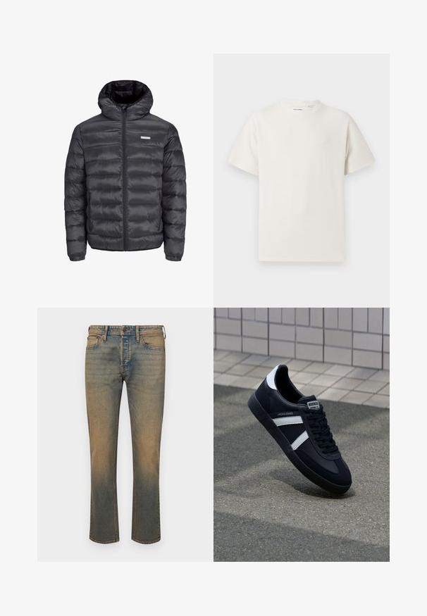 Must must jacket kapuutsiga, millel on horisontaalsed tikandid, ees tõmblukk ja kaks tõmblukuga külgetaskut. Sujuv tekstuur.; Valge lühikeste varrukatega T-särk ribakudumises. Ümar kaelus, mugav lõige, nähtavad mustrid ega aksessuaarid puuduvad. Lihtne ja mitmekesine disain.; Pleegitud sinised denim teksad sirge lõikega, millel on viis taskut, kontrastseid õmblusi ja veidi heledam pesu allääres.; Must have musta sneaker musta valgete triipudega, tekstuurne kummitald ja nööridega esiosa. Omab bränditud märki keele peal.