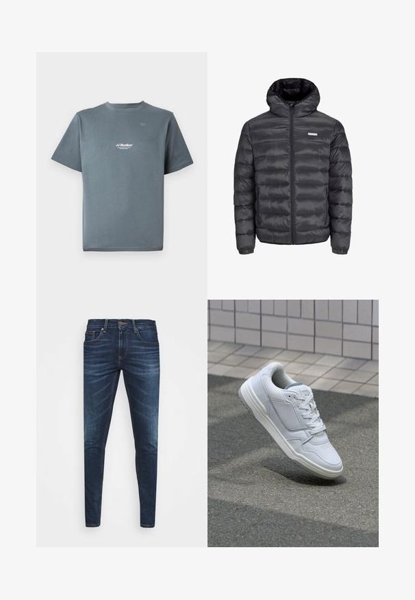 Melnā pūkļu jaka ar kapuci, ar horizontāliem izšuvumiem, priekšējo rāvējslēdzēju un divām ar rāvējslēdzēju aizveramām sānu kabatām. Gluda tekstūra.; Pelēka kokvilnas T-krekls ar apaļu kaklu, īsām piedurknēm un mazu baltu "JJ Studios" logotipu uz krūtīm. Gluda tekstūra un brīva piegriezuma forma.; Tumši zili džinsi ar šauru piegriezumu, ar vieglu izbalēšanu, piecām kabatām un metalizētu pogu aizdari. Šuvju akcenti kontrastējošā krāsā.; Baltas ādas sporta apavi ar perforētiem sāniem, teksturētām akcentiem, plakanu šņorēšanu un kontrastējošu pelēku papēdi. Iezīmē nedaudz paaugstinātu zole.