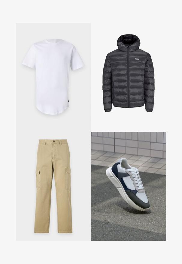 Μαύρο μπουφάν με κουκούλα, το οποίο διαθέτει οριζόντιες καπιτονέ ραφές, μπροστινό φερμουάρ και δύο πλαϊνές τσέπες με φερμουάρ. Λείο υλικό.; Λευκό κοντομάνικο μπλουζάκι από βαμβάκι. Σχέδιο με στρογγυλή λαιμόκοψη και καμπυλωτό στρίφωμα. Ετικέτα ορατή στην κάτω αριστερή πλευρά. Λείος υφασμάτινος χαρακτήρας.; Μπεζ cargo παντελόνια φτιαγμένα από βαμβάκι, με δύο πλάγιες τσέπες, κουμπί κλεισίματος και ίσια πόδια με ελαφρώς υφαντό ύφασμα.; Λευκά, ναυτικά και γκρι sneakers με σχέδιο από μικτά υλικά, που διαθέτουν υφή στο πάνω μέρος, επίπεδα κορδόνια και μαλακή σόλα.