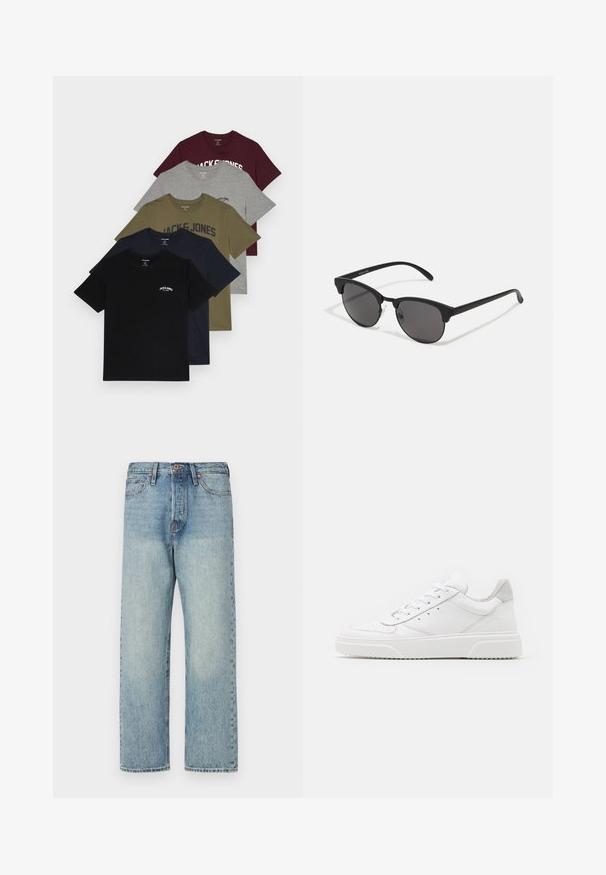 Schwarze Steppjacke mit Kapuze, mit horizontalen Steppnähten, einem Frontreißverschluss und zwei seitlichen Reißverschlusstaschen. Glatte Textur.; Jack & Jones JJJOSH PLUS TEE 5 PACK - T-Shirt print - port royale/black/dark navy/dusty olive; Hellblaue Jeans aus Denim mit geradem Bein, fünf Taschen und bronzener Hardware. Minimale Ausbleichungen mit einem sauberen Finish.; Weiße Leder-Sneaker mit glatter Oberfläche, rundem Zehenbereich, flachen Schnürsenkeln und strukturiertem Schuhsohlen. Graues Wildleder-Detail an der Ferse.; Schwarze Sonnenbrille mit runden Gläsern, matter Oberfläche und markanter Cat-Eye-Form. Schlanke Bügel mit dezenter Markenkennzeichnung am linken Schläfenstück.